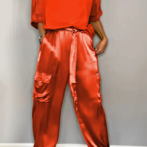 Women Plain Pocket Stitching Two-Piece Set Daily Half Sleeve Casual Summer Top With Pants Matching Set, Sets, color:Red|size:5XL, catalog Noracora shop