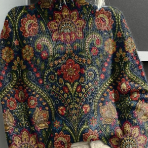 Women Floral Printing Spring/Fall Vintage Long Sleeve Turtleneck Sweater, JustFashionNow Sweaters, color:Purplish Blue|size:4XL,