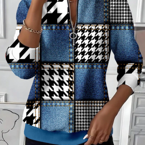 Women Houndstooth Crew Neck Printing Casual Spring/Fall Long Sleeve Sweatshirt, JustFashionNow Sweatshirts & Hoodies, color:Blue|size:XXL,