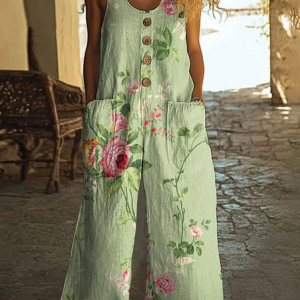 Women Floral Crew Neck Sleeveless Casual Summer Jumpsuit, JustFashionNow Jumpsuits＆Rompers, color:Green|size:4XL,