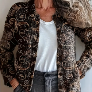 Women Floral Printing Long Sleeve Crew Neck Vintage Spring/Fall Cardigan Outerwear, JustFashionNow Cardigans, color:Brown|size:5XL,
