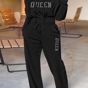 2 Pieces Outfit 3D Design Crop Drawstring Hoodie Top and Drawstring Elastic Waist Wide Leg Sweatpants Set Casual Rhinestone Letter Pattern Sweatshirt Set, women Two-piece Sets, ChicMe catalog