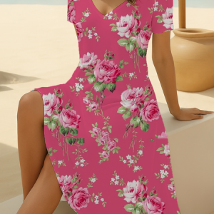 Women Floral Short Sleeve Summer Printing Dress V Neck Daily Casual Midi Fit & Flare Dress A-Line Dress, JustFashionNow Casual Dresses, color:Pink|size:4XL,