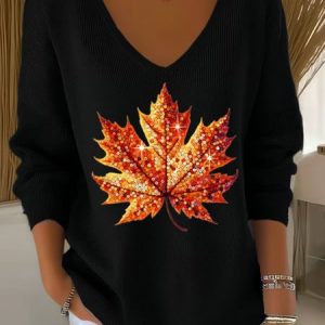 Women Cotton Maple Leaf Retro Ethnic Print Long Sleeve Comfy Sweater, Blouses, color:Black|size:4XL, catalog Noracora shop