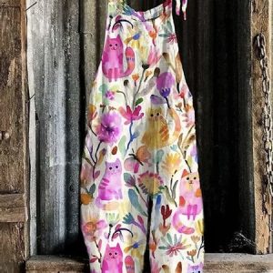 Women Floral Spaghetti Sleeveless Casual Summer Cotton Jumpsuit, Jumpsuits&Rompers, color:White|size:4XL, catalog Noracora shop