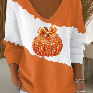 Women Halloween (pumpkin) Long Sleeve Tee T-shirt V Neck Printing Casual Spring/Fall Top, JustFashionNow T-Shirts, color:Orange|size:4XL