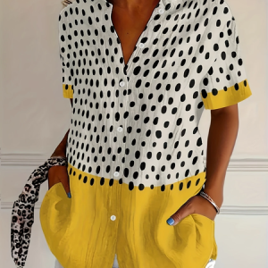 Shirt Collar Short Sleeve Abstract Polka Dots Printing Regular Micro-Elasticity Loose Button Up Shirt Shirt For Women, Shirts, color:Yellow|size:5XL, catalog Noracora shop