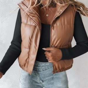 PU Leather High Neck Zip Up Double Snap Buttons Front Vest Casual Stretchy Hem Crop Padded Coat, women Jackets & Coats, ChicMe catalog