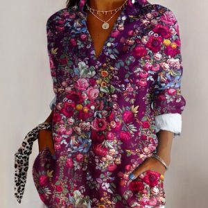 V Neck Long Sleeve Floral Regular Micro-Elasticity Regular Fit Shirt For Women, Shirts, color:Purplish Red|size:4XL, catalog Noracora shop