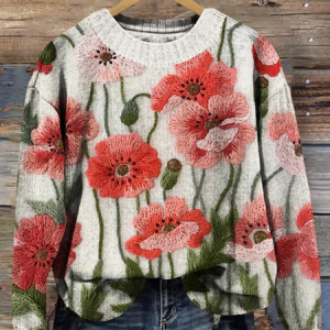Women Floral Printing Spring/Fall Casual Long Sleeve Crew Neck Knitted Sweater, JustFashionNow Sweaters, color:As Picture|size:4XL,