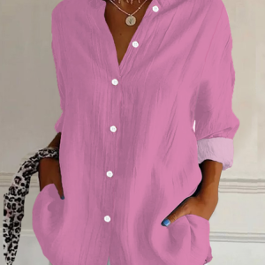 Women Plain Long Sleeve Shirt Spring/Fall Buckle Shirt Collar Regular Sleeve Daily Casual Top, JustFashionNow Shirts, color:Pink|size:XXL,