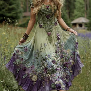Women Floral Summer Dress Crew Neck Short Sleeve A-Line Dress, Dresses, color:Green|size:4XL, catalog Noracora shop
