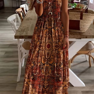 Women Floral Short Sleeve Summer Printing Dress V Neck Daily Casual Maxi X-Line Dress, JustFashionNow Casual Dresses, color:Brown|size:4XL,