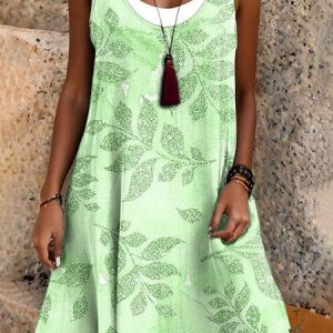 Women Floral Summer Dress Crew Neck Sleeveless A-Line Dress, Dresses, color:Green|size:4XL, catalog Noracora shop