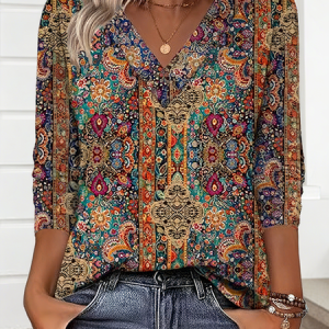 Casual Nationality/ethnic V Neck Long Sleeve T-shirt, T-shirts, color:As Picture|size:4XL, catalog Noracora shop