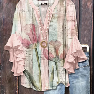 Women Floral Half Sleeve Shirt Summer Printing V Neck Daily Casual Top, JustFashionNow Shirts, color:Pink|size:5XL,