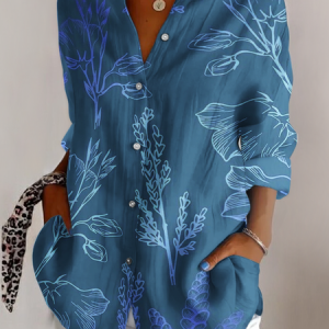 V Neck Long Sleeve Botanical Pattern Regular Micro-Elasticity Regular Fit Shirt For Women, Shirts, color:As Picture|size:4XL, catalog Noracora shop