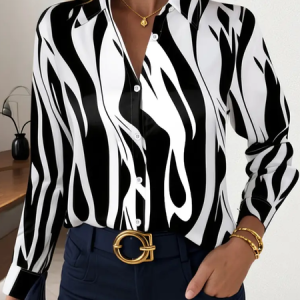 Women Abstract Long Sleeve Shirt Spring/Fall Buckle Shirt Collar Regular Sleeve Daily Casual Top, JustFashionNow Shirts, color:Black-white|size:XXL,