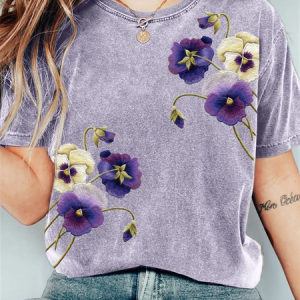 Vintage Floral Crew Neck Short Sleeve T-shirt, T-shirts, color:lavender|size:4XL, catalog Noracora shop