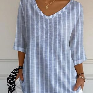 Vintage Striped Crew Neck Long Sleeve T-shirt, T-shirts, color:Blue|size:5XL, catalog Noracora shop