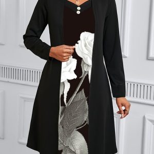 Women Floral Spring/Fall Dress V Neck Long Sleeve A-Line Dress, Midi, color:Black|size:XXL, catalog Noracora shop