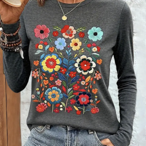 Vintage Floral Crew Neck Long Sleeve T-shirt, T-shirts, color:Gray|size:4XL, catalog Noracora shop