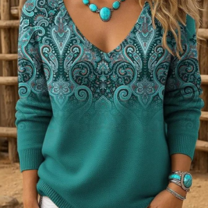 Wild West V Neck Loose Simple Knit Top, T-shirts, color:Blue|size:4XL, catalog Noracora shop