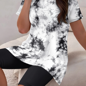 Women Abstract Printing Two-Piece Set Daily Short Sleeve Casual Summer Top With Pants Matching Set, JustFashionNow Suit Set, color:Black-white|size:XXL,