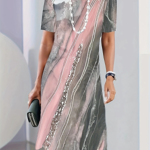 Women Abstract Short Sleeve Summer Printing Dress Crew Neck Daily Vintage Midi Tunic H-Line Dress, JustFashionNow Casual Dresses, color:pink-gray|size:5XL,