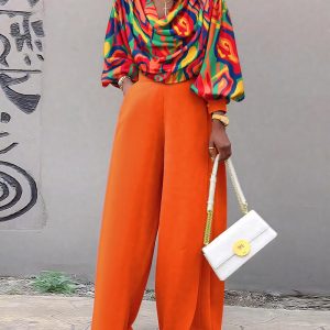 2 Pieces Outfit Multi-color All Over Print Cowl Neck Lantern Sleeve Stretchy Hem Loose Crop Top and Casual Elastic Back Waist Wide Leg Pants Set, women Two-piece Sets, ChicMe catalog