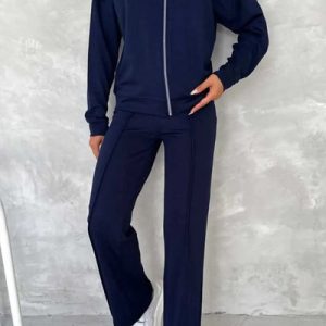 Women Plain Two-Piece Set Daily Long Sleeve Casual Spring/Fall Top With Pants Matching Set, Jumpsuits&Rompers, color:Deep Blue|size:XXL, catalog Noracora shop