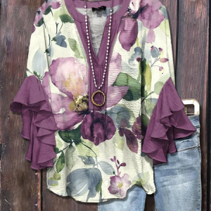 Women Floral Half Sleeve Shirt Summer Printing V Neck Daily Casual Top, JustFashionNow Shirts, color:Purple|size:4XL,