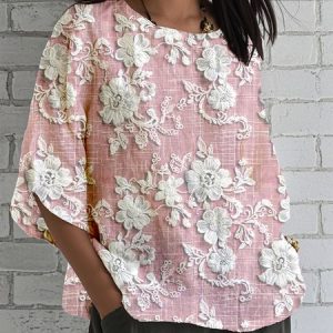Women's 3D Floral Print Half Sleeve Casual Blouse, JustFashionNow T-Shirts, color:Pink|size:5XL,