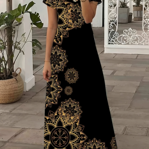 Women Floral Short Sleeve Summer Printing Dress V Neck Daily Casual Maxi X-Line Dress, JustFashionNow Casual Dresses, color:Black|size:3XL,