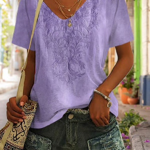 Women Floral Short Sleeve Tee T-shirt V Neck Printing Casual Summer Graphic Tee Top, JustFashionNow T-Shirts, color:Purple|size:XXL