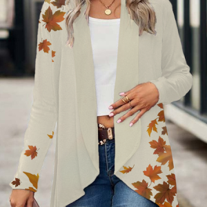 Women Maple Leaf Spring/Fall Cover-up Casual Printing Lightweight Cardigan, JustFashionNow Cardigans, color:Apricot|size:XXL,