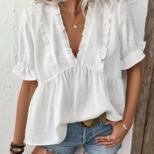 V Neck Short Sleeve Plain Regular Micro-Elasticity Regular Fit Shirt For Women, Shirts, color:White|size:XL, catalog Noracora shop