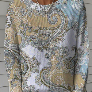 Women Paisley Long Sleeve Comfy Vintage Sweater, Sweaters, color:Khaki|size:XXL, catalog Noracora shop
