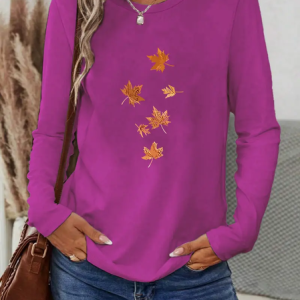 Casual Maple Leaf Crew Neck Long Sleeve T-shirt, T-shirts, color:Purple|size:XXL, catalog Noracora shop