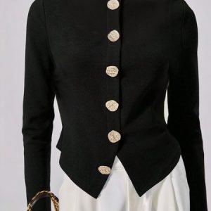 Jersey Urban Plain Buttoned Turtleneck T-shirt, Tees, color:Black|size:XXL, Stylewe