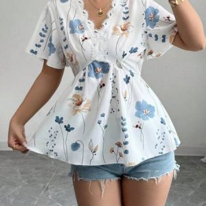 Women Plain Short Sleeve Tee T-shirt V Neck Embroidery Casual Summer Tunic Top, JustFashionNow T-Shirts, color:flower|size:XL,