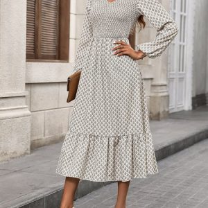 Women Geometric Spring/Fall Dress V Neck Long Sleeve A-Line Dress, Maxi, color:flower|size:XL, catalog Noracora shop
