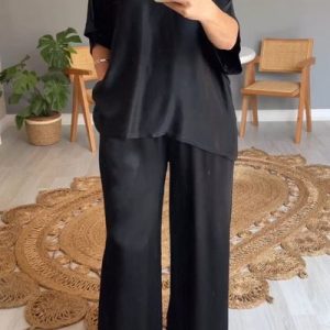 Women Plain Split Joint Two-Piece Set Daily Half Sleeve Casual Summer Top With Pants Matching Set, JustFashionNow Suit Set, color:Black|size:4XL,