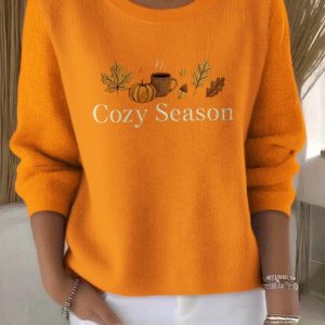 Women Cotton Plants Long Sleeve Comfy Vintage Sweater, Sweaters, color:Orange|size:4XL, catalog Noracora shop