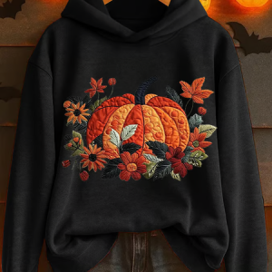 Casual Halloween Pumpkin Floral Print Hoodie, Hoodies & Sweatshirts, color:Black|size:XXL, catalog Noracora shop