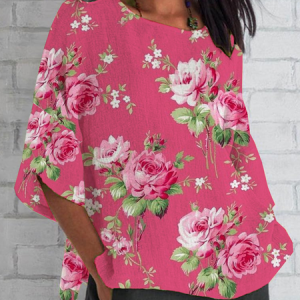 Women Floral Half Sleeve Tee T-shirt Crew Neck Casual Summer Top, JustFashionNow T-Shirts, color:Pink|size:5XL