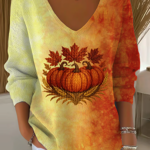Women Maple Leaf Long Sleeve Tee T-shirt V Neck Printing Casual Spring/Fall Top, JustFashionNow T-Shirts, color:Orange|size:4XL,