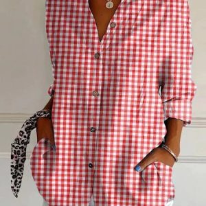 V Neck Long Sleeve Plaid Regular Micro-Elasticity Regular Fit Shirt For Women, Shirts, color:Pink|size:5XL, catalog Noracora shop