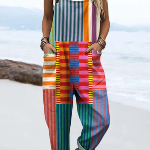 Women Striped Square Neck Sleeveless Casual Spring/Fall Bib Pants, JustFashionNow Jumpsuits＆Rompers, color:As Picture|size:4XL,