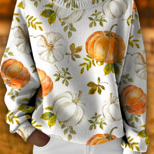 Women Floral Printing Spring/Fall Casual Long Sleeve Crew Neck Knitted Sweater, JustFashionNow Sweaters, color:White|size:4XL,
